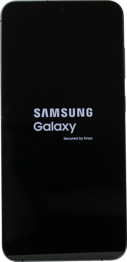 A Samsung Galaxy phone is displayed on a black screen showing the Samsung logo and 'Secured by Knox'.
