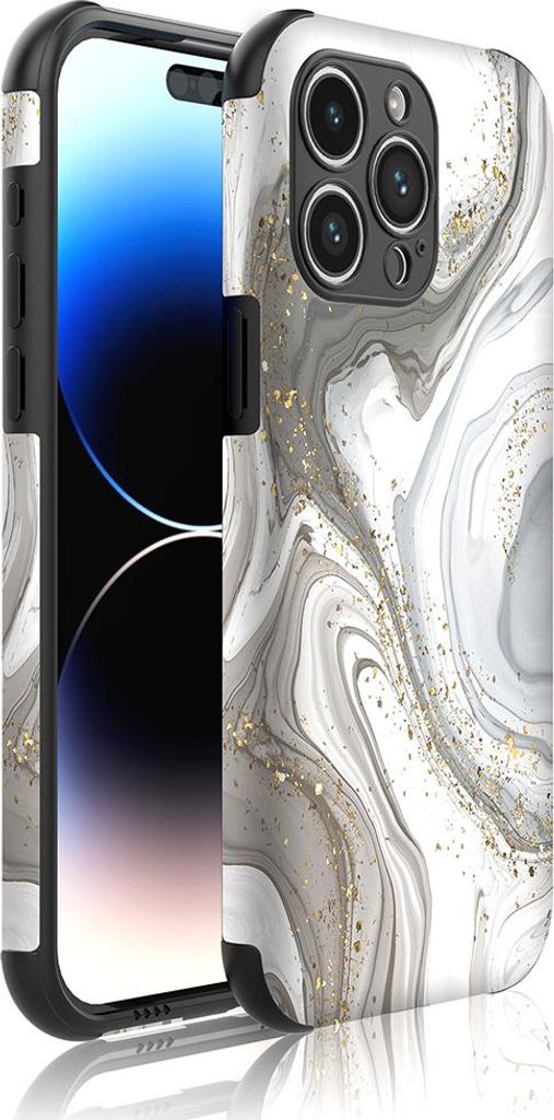 Smartphonica Handyhülle Geeignet für iPhone 14 Pro Max mit Bumper und silbernem Marmordruck - Backcover PhoneCase Silver Marmordruck
