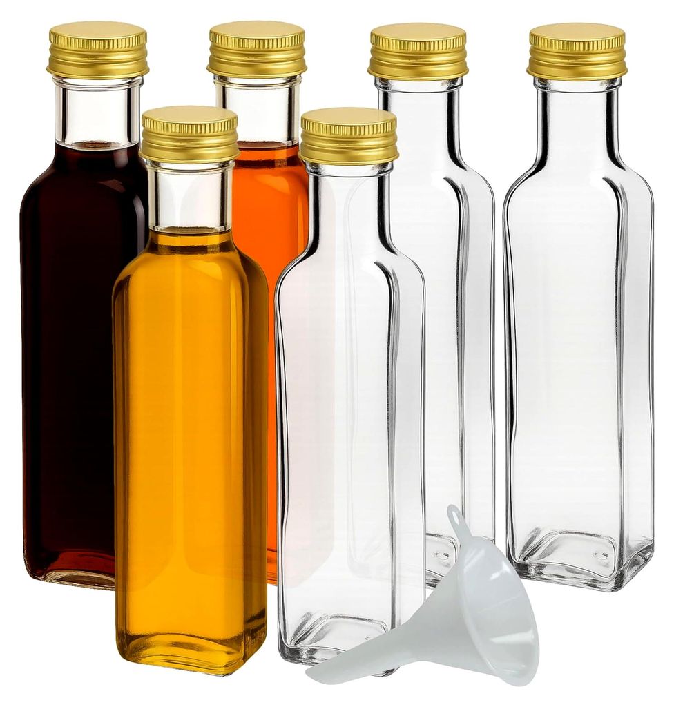 6 Glasflaschen mit Schraubverschluss 500 ml und Einfülltrichter