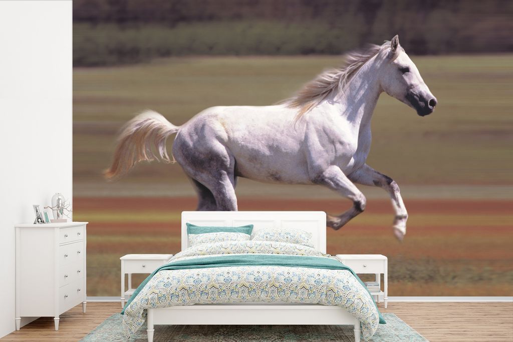 MuchoWow Fototapete für Wohnzimmer oder Schlafzimmer Wandtapete Vinyl Motivtapete Pferd - Licht - Gras - 420x280 cm - Zimmer für Kinder