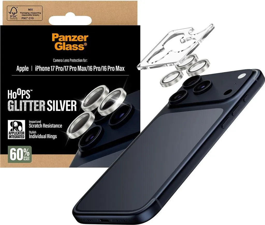 Vetro temperato per iPhone 17 Pro Max / 17 Pro / 16 Pro Max / 16 Pro, PanzerGlass Hoops Glitter Silver Camera Lens Protector, Trasparente e Argento