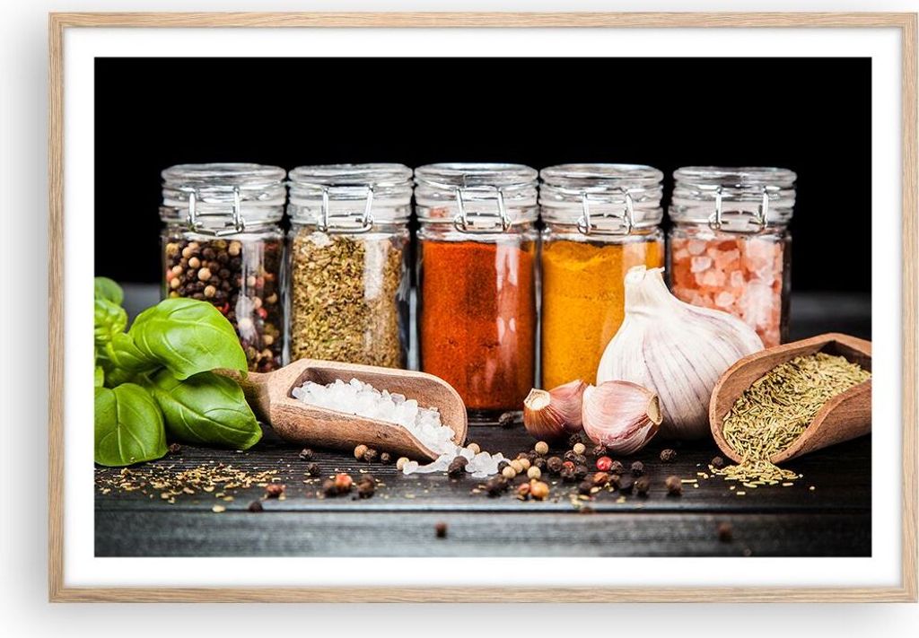 Gerahmtes Poster - Rahmen in heller Eiche - Gewürze Knoblauch Holz Salz - 91,5x61 cm - Wand Bild - Wanddeko - Wandbilder - Wandposter - Bilderrahm...