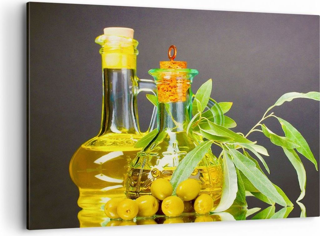 Bild auf Leinwand - Leinwandbild - Flasche Glas Olive Öl - 100x70cm - Wand Bild - Wanddeko - Leinwanddruck - Bilder - Kunstdruck - Wanddekoration ...