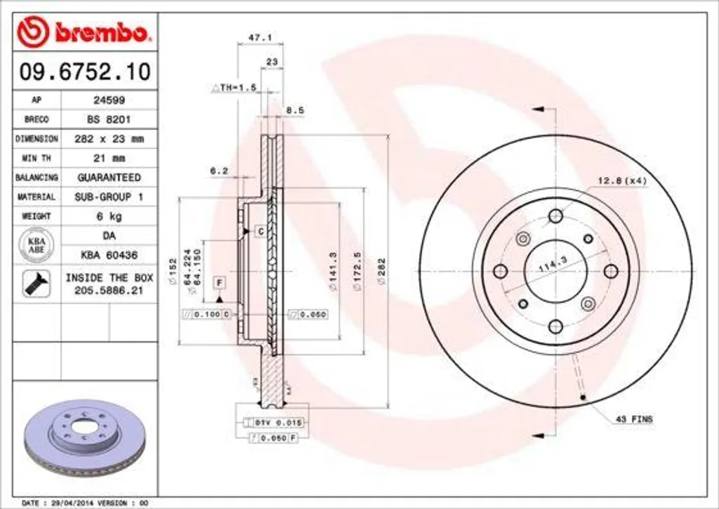 Brembo 09.6752.10 Disque de Frein Haute Performance Ventilé 262mm Honda