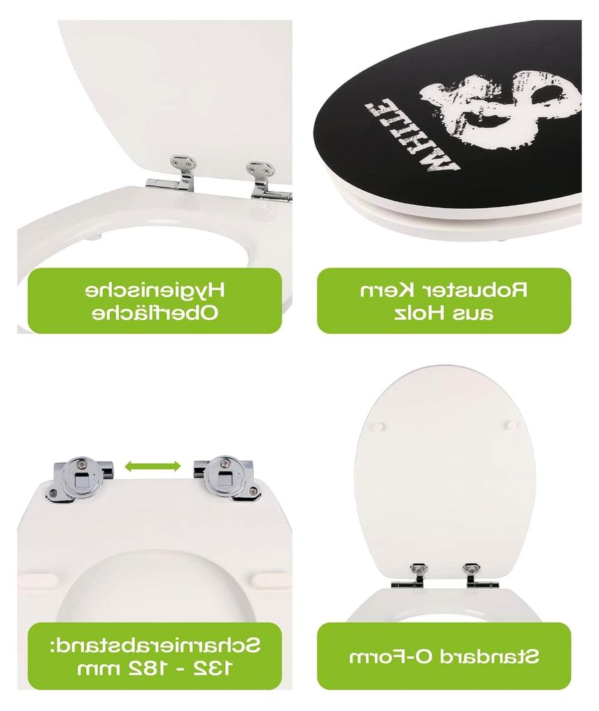 WC-Sitz mit Absenkautomatik, Nachbildung Black Humor, Hochglanz Toilettensitz mit Holzkern, Fast-Fix Befestigung, Standard O Form universal, Metall...