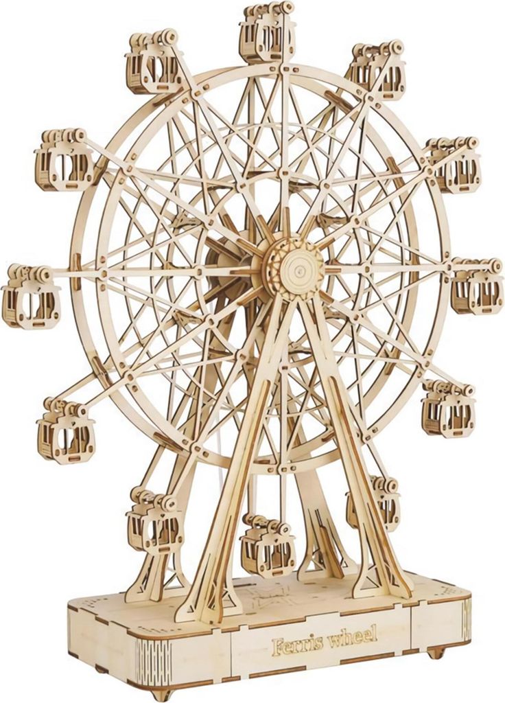A wooden model of a Ferris wheel on a white background.