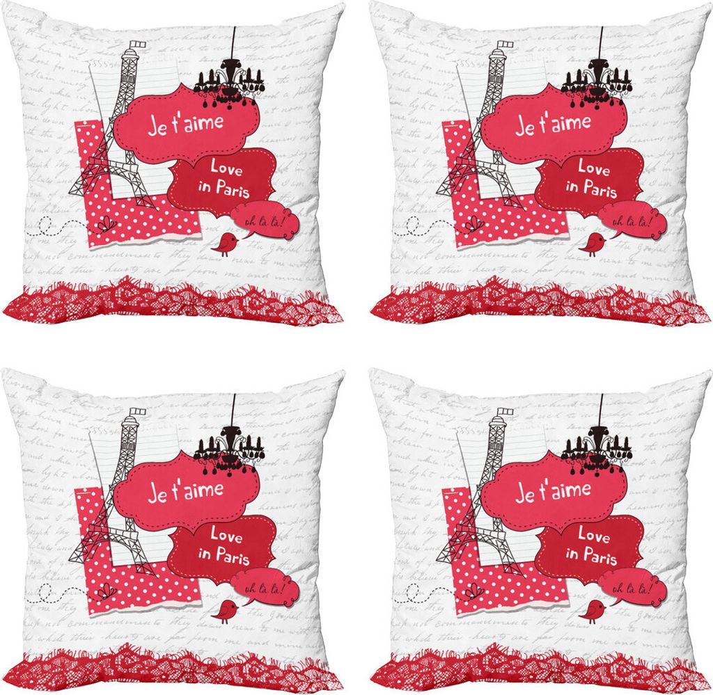 ABAKUHAUS Eiffelturm Kissenbezug Set (4 Stück), Je T'aime in Paris, Moderner Doppelseitiger Digitaldruck, 40 cm x 40 cm, Grau Dunkel Coral