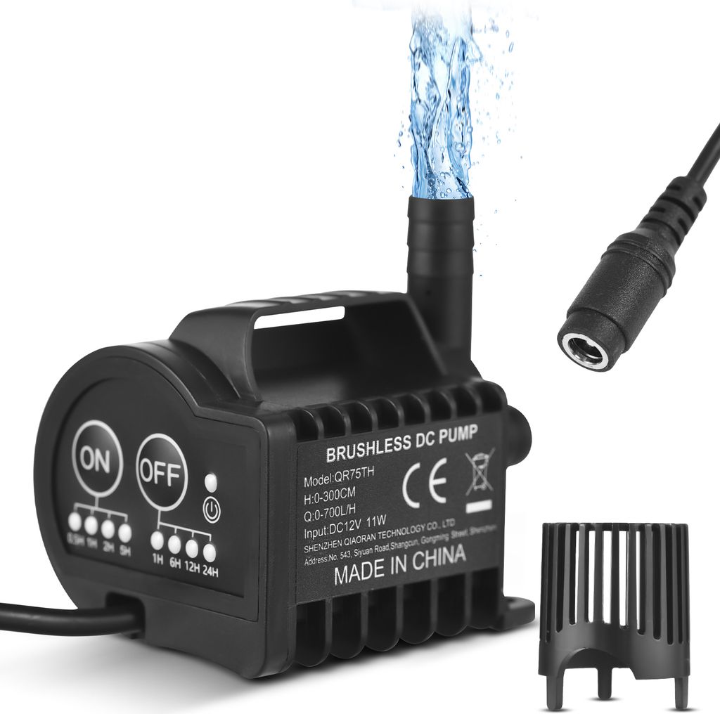 Mini-Wasserpumpe, 12 V, mit 4-Gang-Ein-/Aus-Zeitsteuerung, Beschleunigungs- und Verzoegerungsfunktion, max. Durchfluss 700 l/h, 3,9 m Hub, 2 m DC-B...