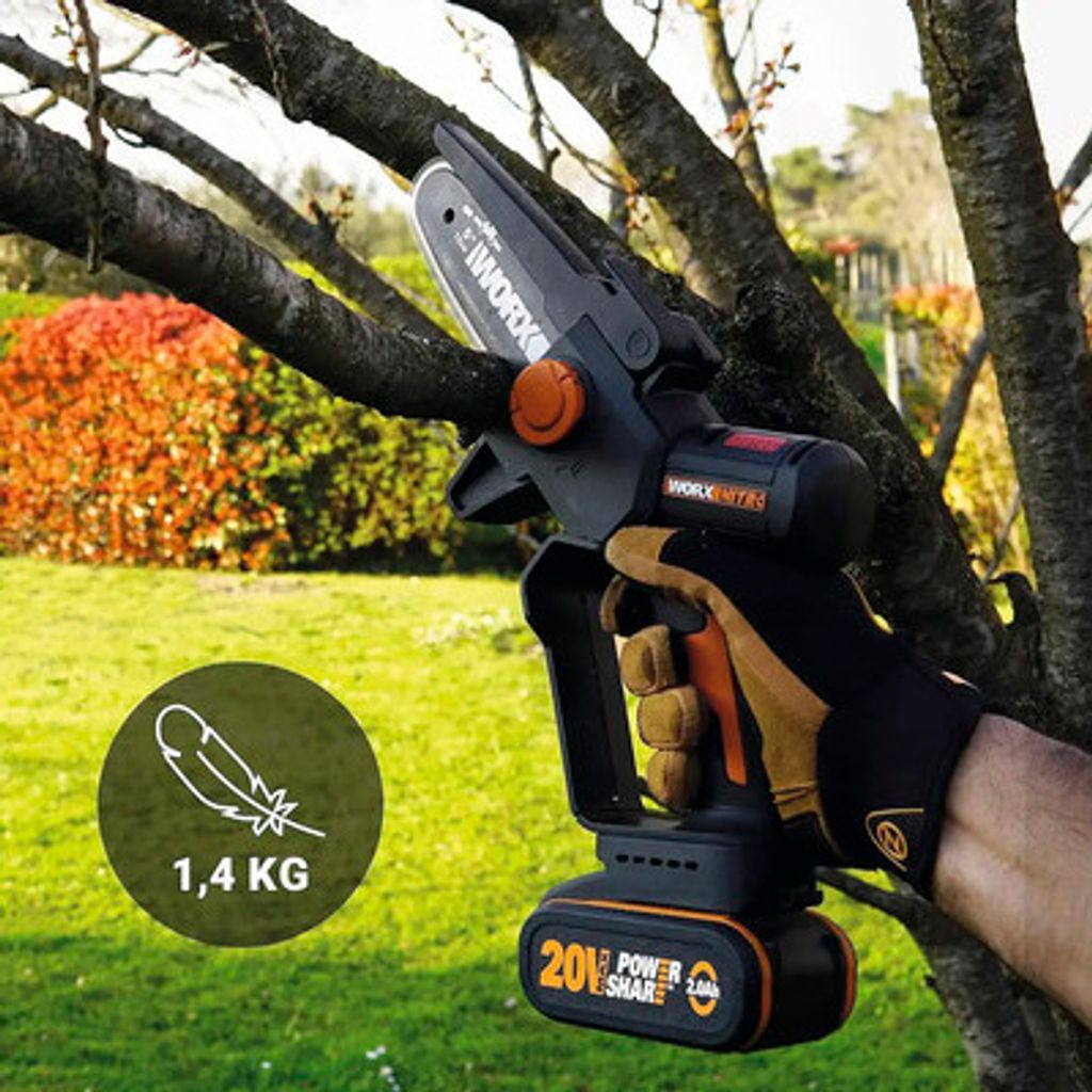 WORX NITRO WG325E.1 Mini-Kettensäge 20V, Einhand Kettensäge, bürstenloser Motor, 12cm Schwertlänge, inkl. PowerShare Akku, Ladegerät & 125cm Verlängerungsstange