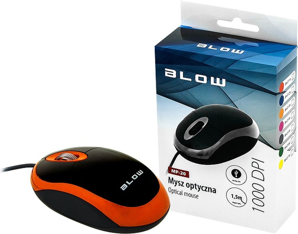 A computer mouse and its packaging are displayed against a white background.