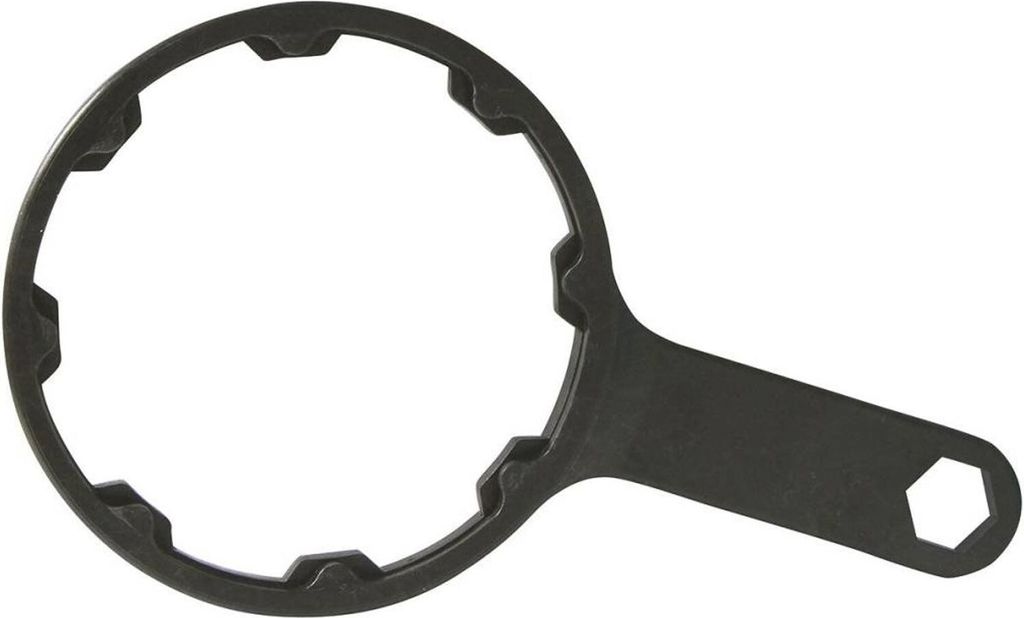 A black metal filter wrench with a hexagonal end is shown against a white background.