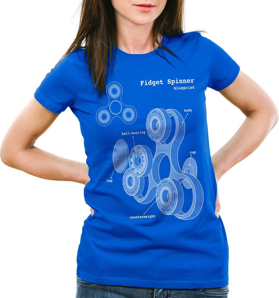 style3 Fidget Hand Spinner Damen T-Shirt Handspinner Toy Blaupause, Farbe:Blau, Größe:M