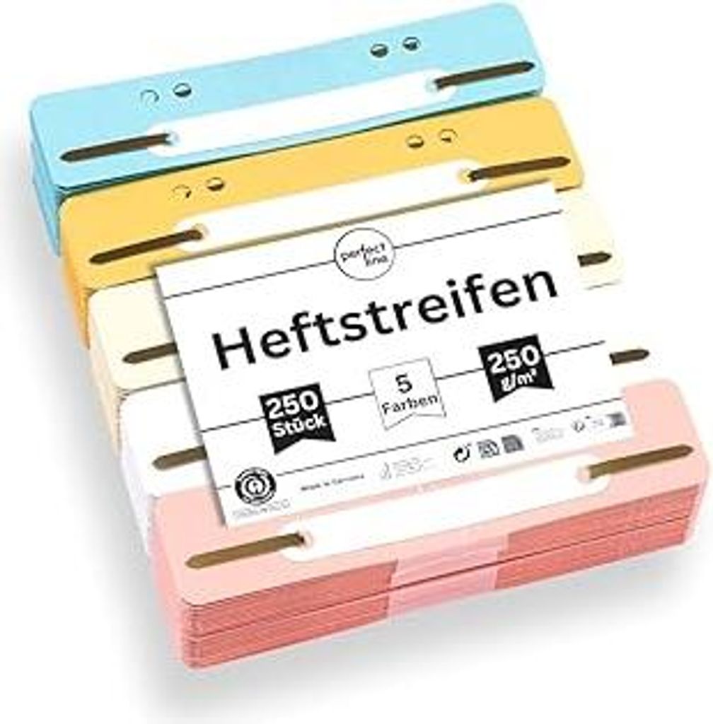 perfect line - 250 Heftstreifen Pappe - Aktendulli aus recycling Karton, 5 Farben - Abheftstreifen Germany - Heftlaschen Blauer Engel