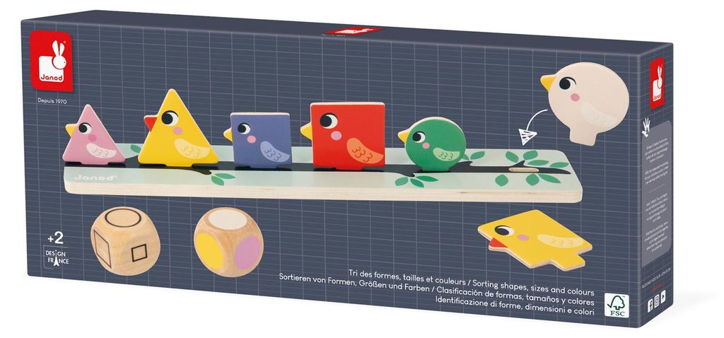Janod Lernspielzeug - Vögel nach Farbe, Größe und Form sortieren - Holzspiel