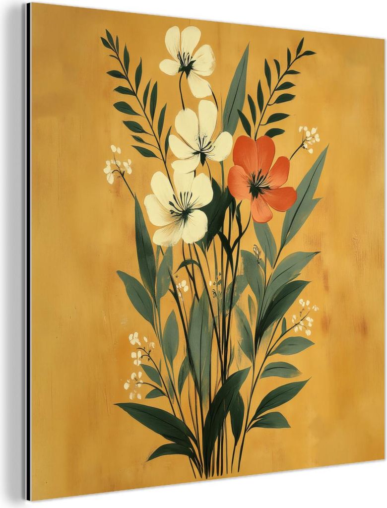 MuchoWow Wanddekoration Metall Metallbild Wandkunst 50x50 cm Blätter - Blumenstrauß - Gelb MuchoWow Aluminium Gemälde - Alubild - Industrial