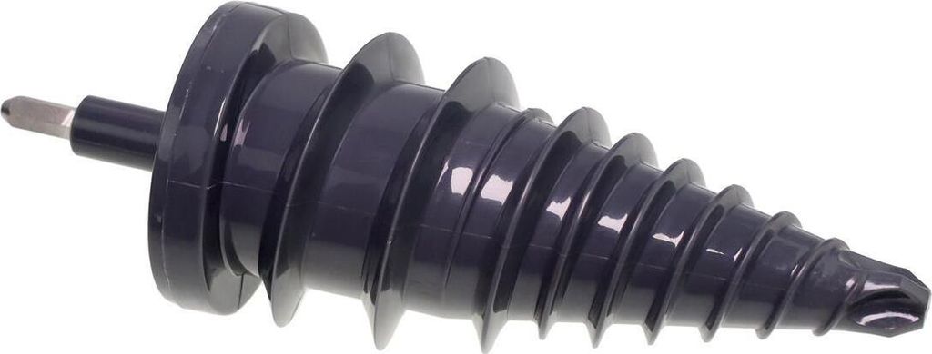 A dark gray spiral attachment for a kitchen appliance is shown against a white background.