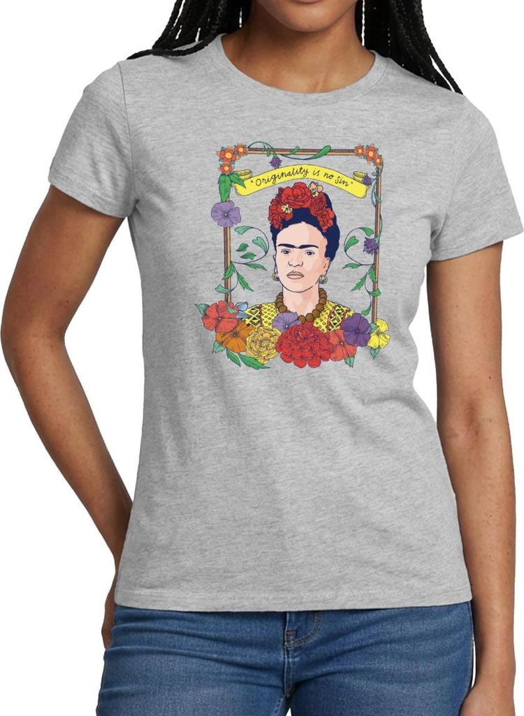 Spreadshirt Frida Kahlo Mit Rahmen Aus Bunten Blumen Frauen T-Shirt, L, Grau meliert