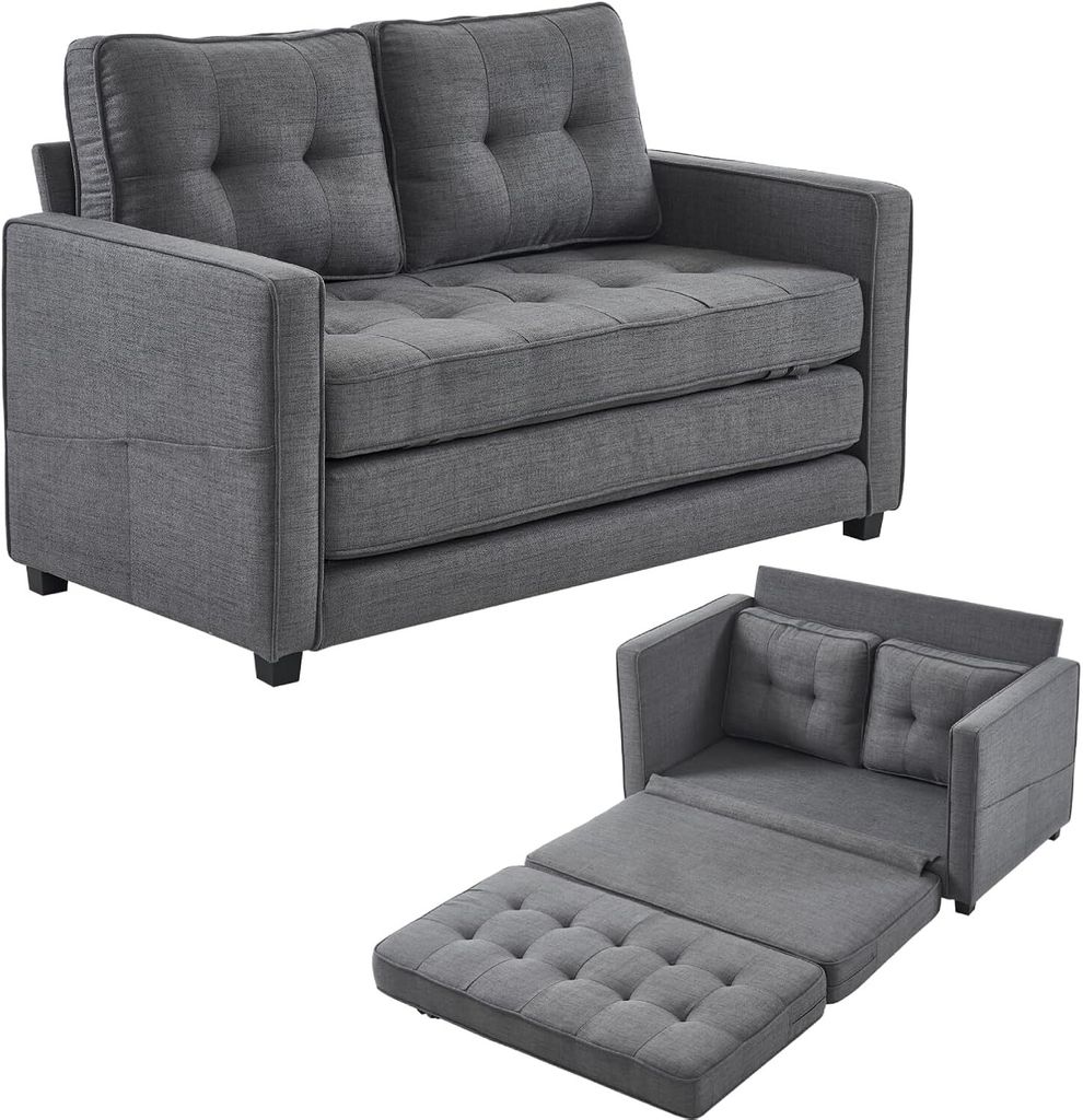 A gray sofa bed is shown in two configurations: as a sofa and as a bed. The sofa is a two-seater with tufted cushions. The bed configuration shows the mattress extended.