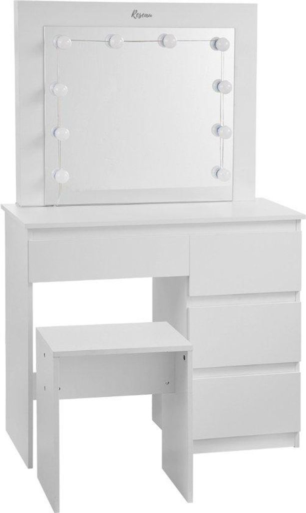 Make-up-Tisch - Toilette-Tisch - Hollywood - Mit Spiegel und Beleuchtung - 90x40x140 Cm - Mit Stuhl - Weiss