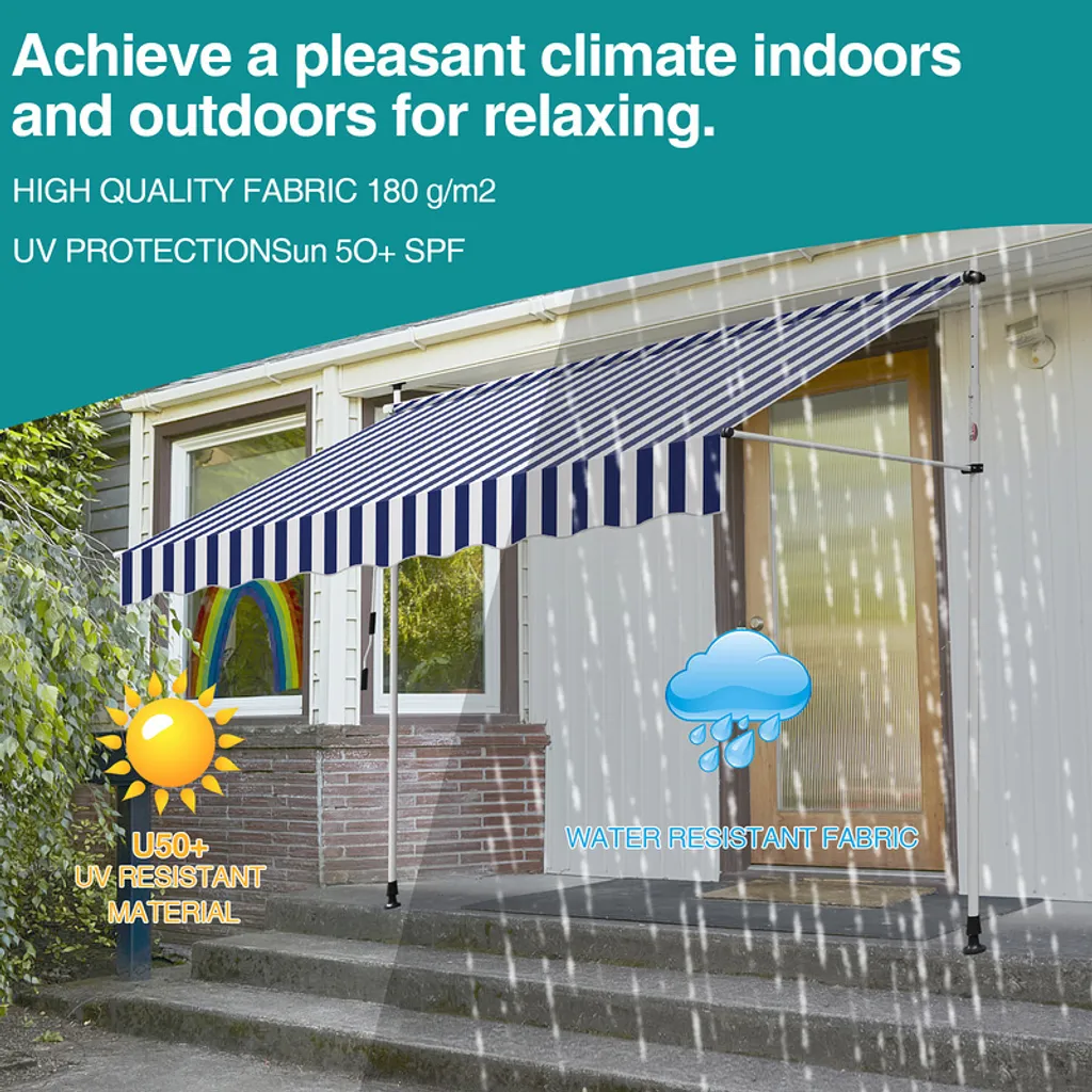 Yakimz Tenda da sole a manovella Tenda da sole a protezione della finestra Tenda da sole retrattile idrorepellente Tende da sole blu e bianche 2M - 4