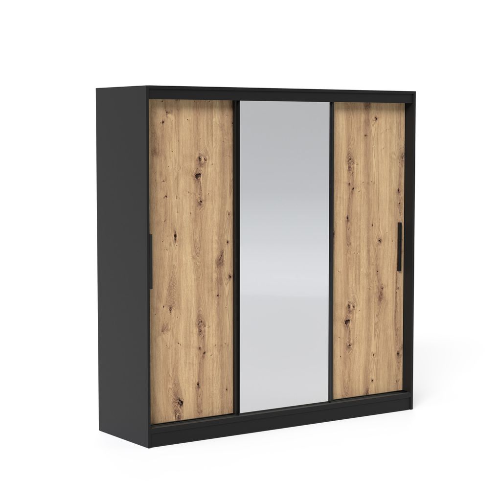 Schwebetürenschrank Kleiderschrank VELLO 200 cm mit Spiegel Schwarz Eiche Artisan 3-türig Schrank