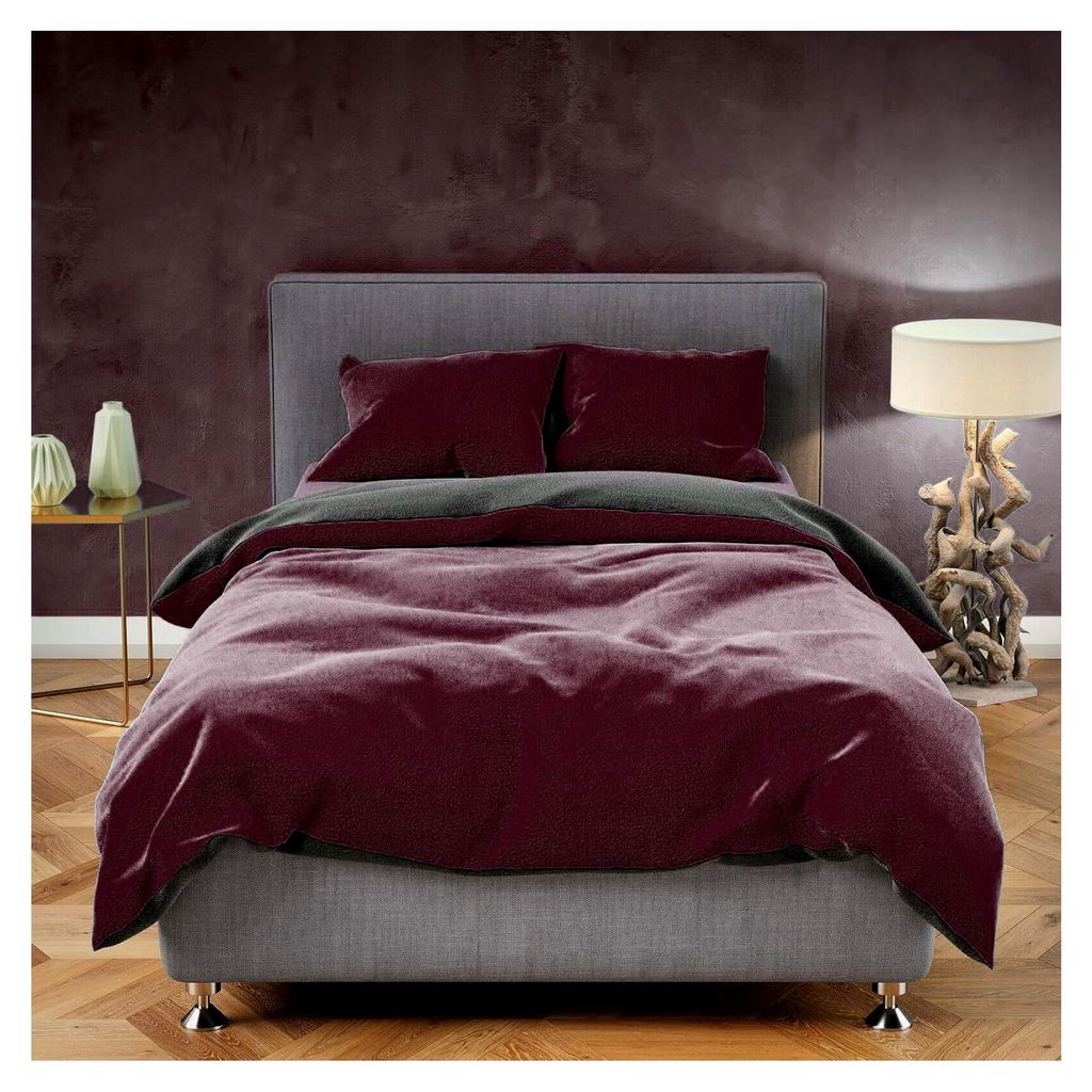 Teddy Plüsch 4-teilige Bettwäsche 135x200 cm Warme Winter Uni Wende Bettbezug Cashmere Touch Anthrazit Bordeaux