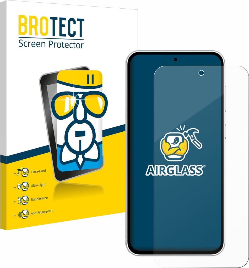 A product packaging box for a screen protector, with a smartphone displaying the screen protector and its features.