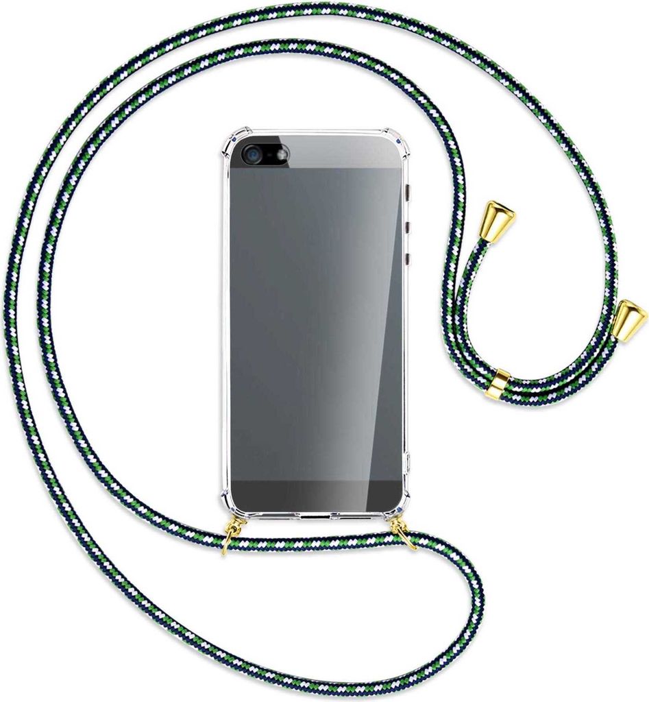 Handykette Backcover-Schutzhülle mit Band (Metall goldfarben) für Apple iPhone 5, 5S, SE - grün/blau/weiß