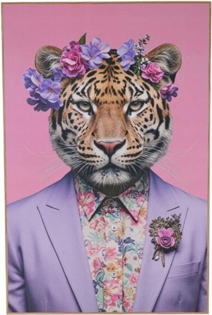 Wandbild Tiger mit Blumen, laminiert, mit braunem MDF-Rahmen, 38 x 58 cm, 1 Stück