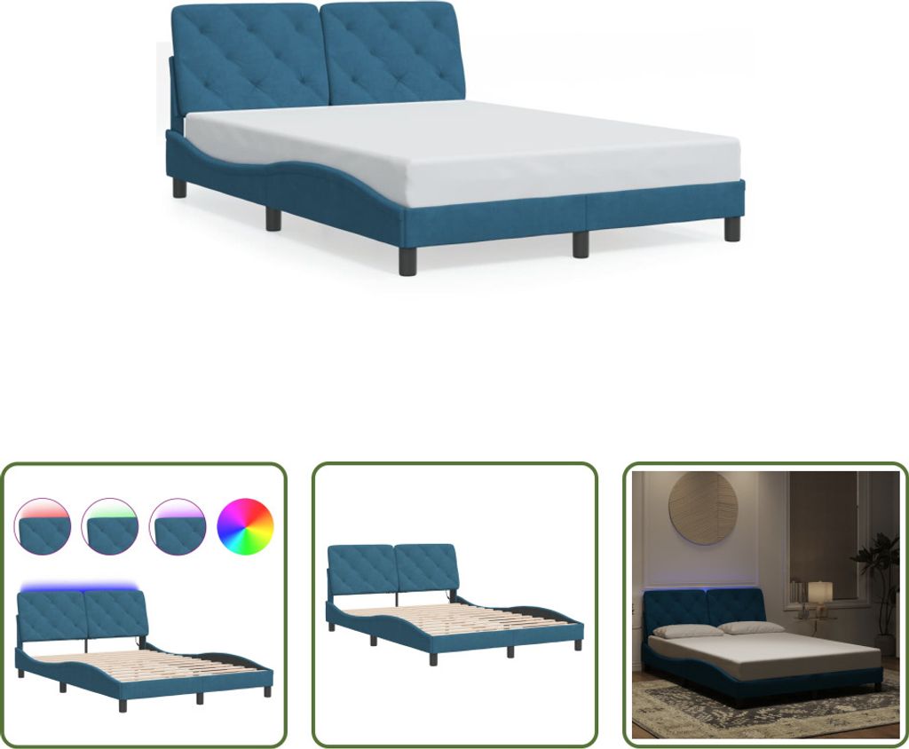 The Living Store Bettgestell mit LED-Leuchten Blau 140x200 cm Samt
