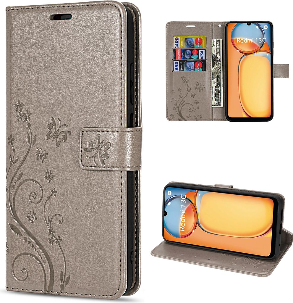 Betterfon Custodia A Libro In Pelle PU Per Xiaomi Redmi 13C / Poco C65 – Grigia, Con Supporto E Scomparti Per Carte, Chiusura Magnetica