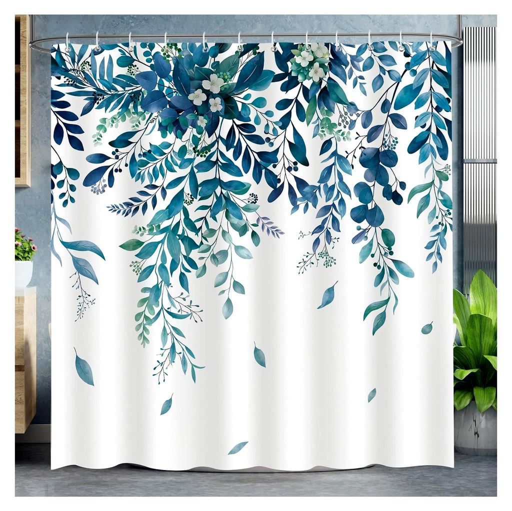 Duschvorhang Eukalyptus Türkis 180x180cm, Blau Aquarell Blätter Pflanzen, schimmelfrei und wasserdicht, Polyester Badevorhang mit 12 Haken