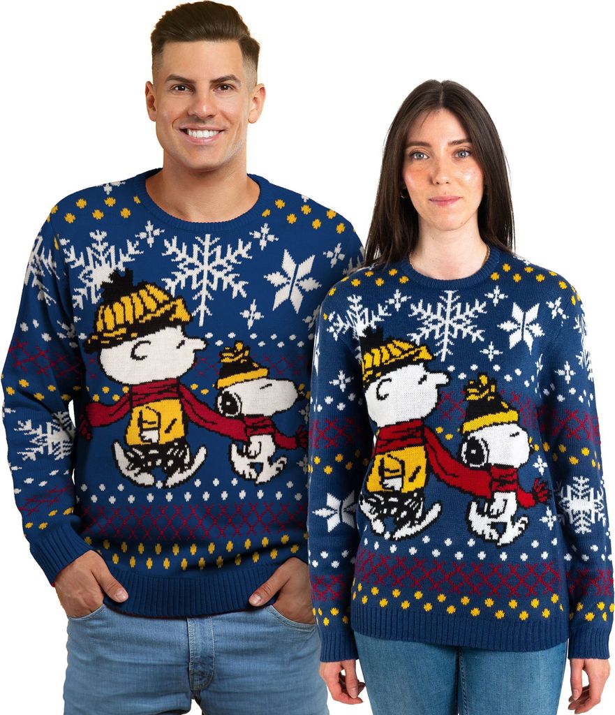 The Peanuts Snoopy Winterpullover Uni - Winter Strick Pullover Sweatshirt Ugly Sweater für Herren & Damen Blau M
