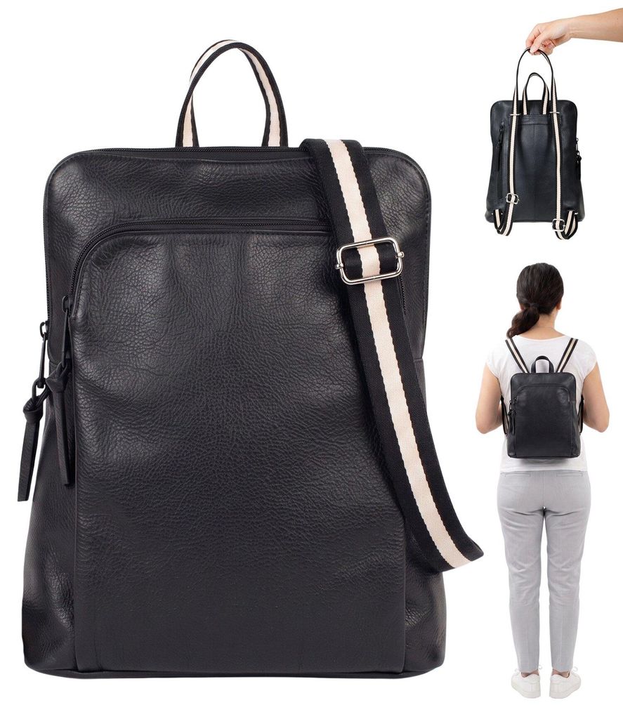 Leder Rucksack Handtasche klein Vario Gurt Geheimfach Freizeitrucksack Damen Alessandro Salvatore Lederrucksack Rom 12979 Schwarz + Schlüsseletui