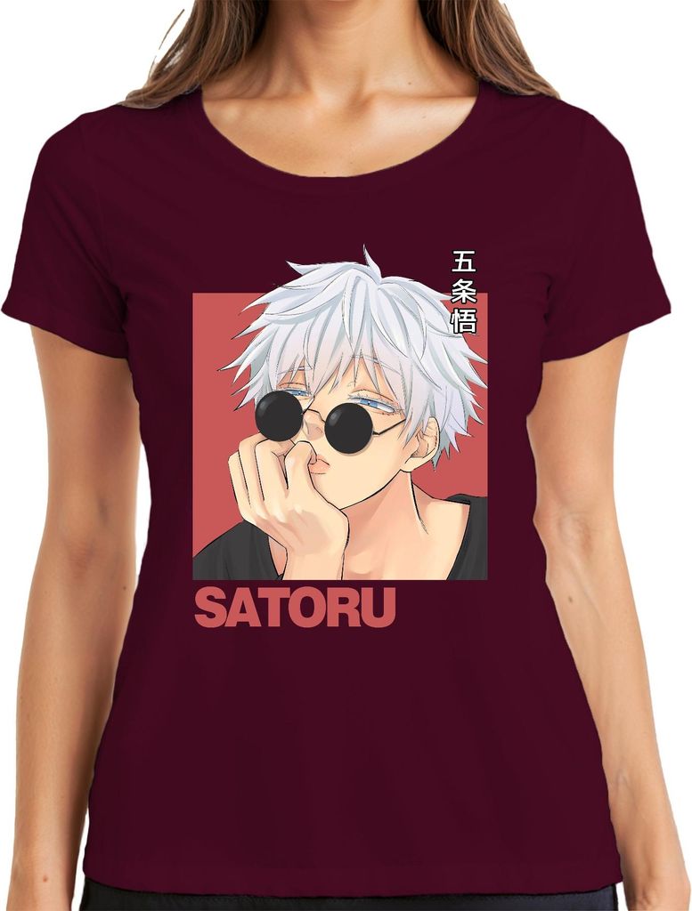 SATORU Gojo Jujutsu Kaisen Anime Sonnenbrille weißes Haar Retro Damen T-Shirt, Burgundy, XXL
