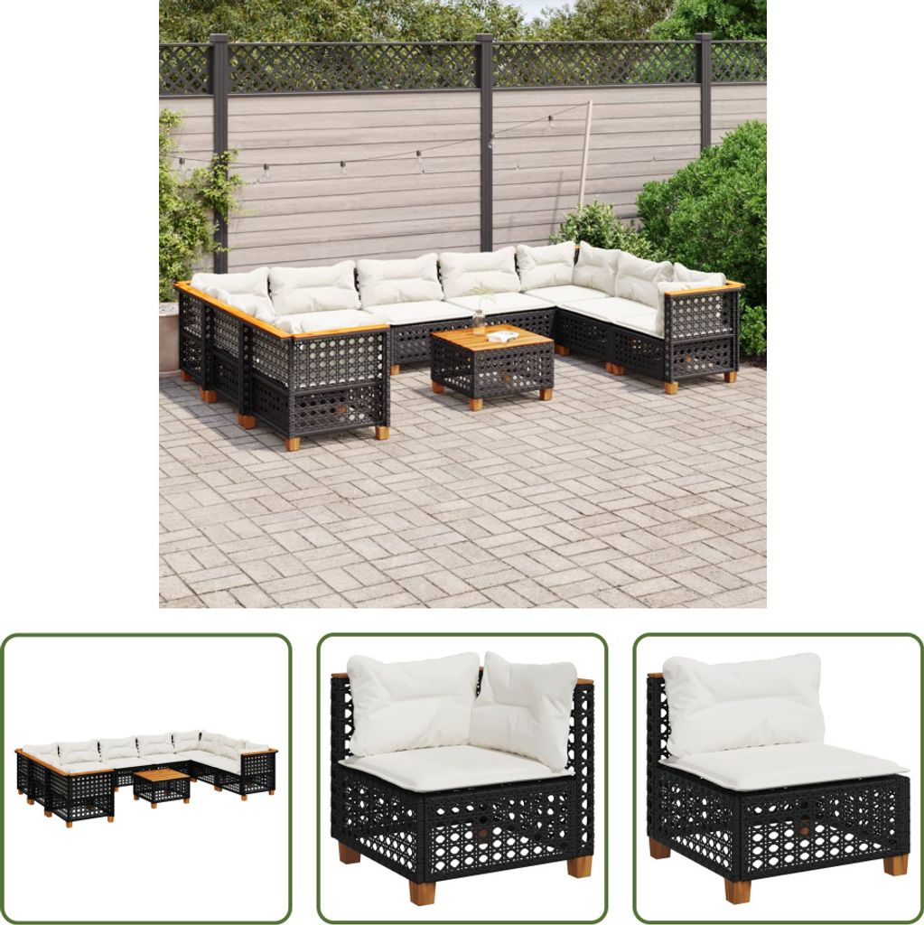 The Living Store 10-tlg. Garten-Sofagarnitur mit Kissen Schwarz Poly Rattan