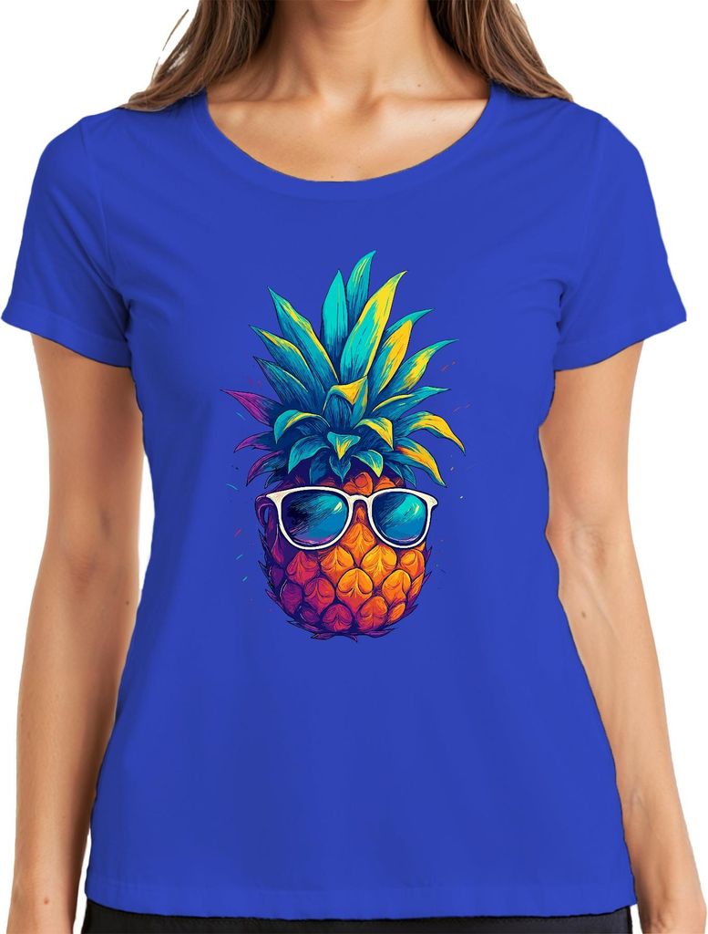 Ananas Sonnenbrille bunt tropisch Sommer Urlaub Hawaii Retro Damen T-Shirt, Blau, L