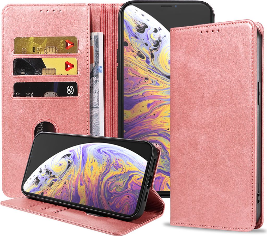 Smartphonica iPhone Xs Max Kunstledertasche mit Magnetverschluss und Kartenhaltern Buchhülle - Rosa