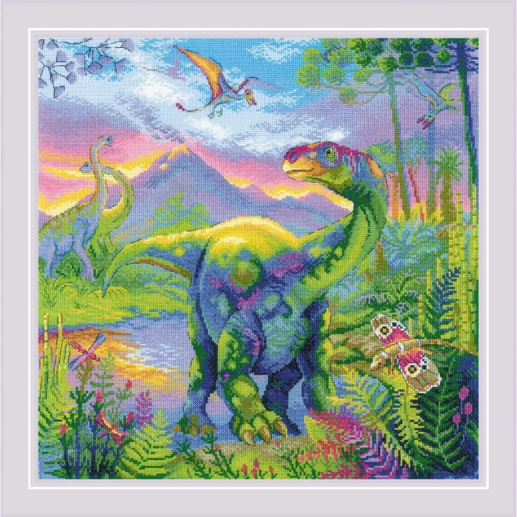 Grand Kit de Broderie Point de Croix Dinosaures 40x40 cm avec Motif