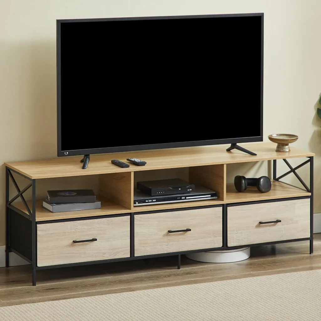 Meuble TV Salon 147 cm pour Grand Écran avec Rangement Pratique en Tissu