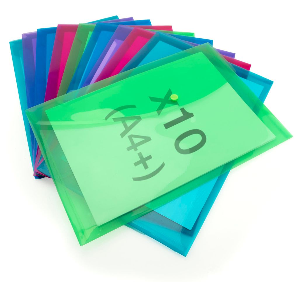 10 recycelte Dokumentenmappen mit Druckknopfverschluss, A4+, verschiedene transparente Farben