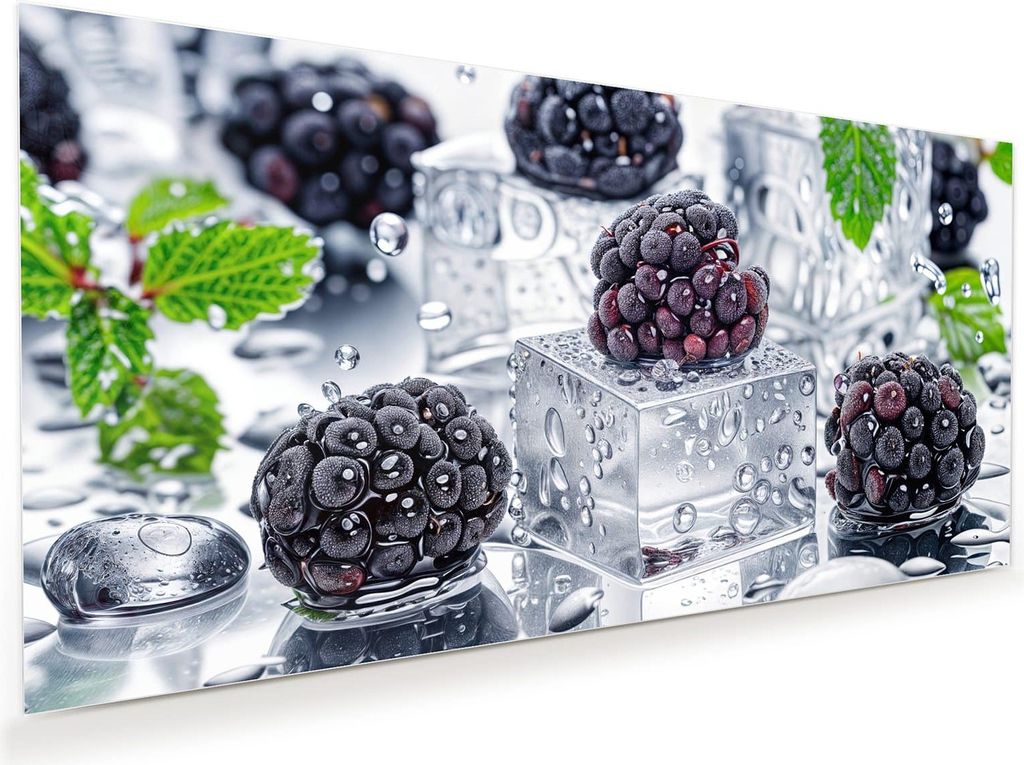 Glasbild 60x30cm in XXL für Wohnzimmer, Schlafzimmer Motiv Brombeeren Eiskalt