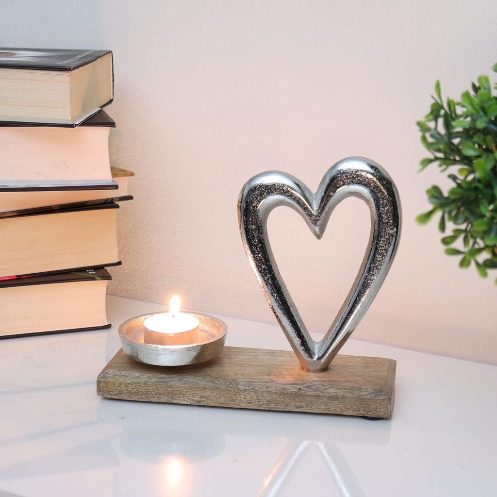 Candela Halter mit dekorativem Element aus Aluminium und Mangoholz für Stimmungslichter