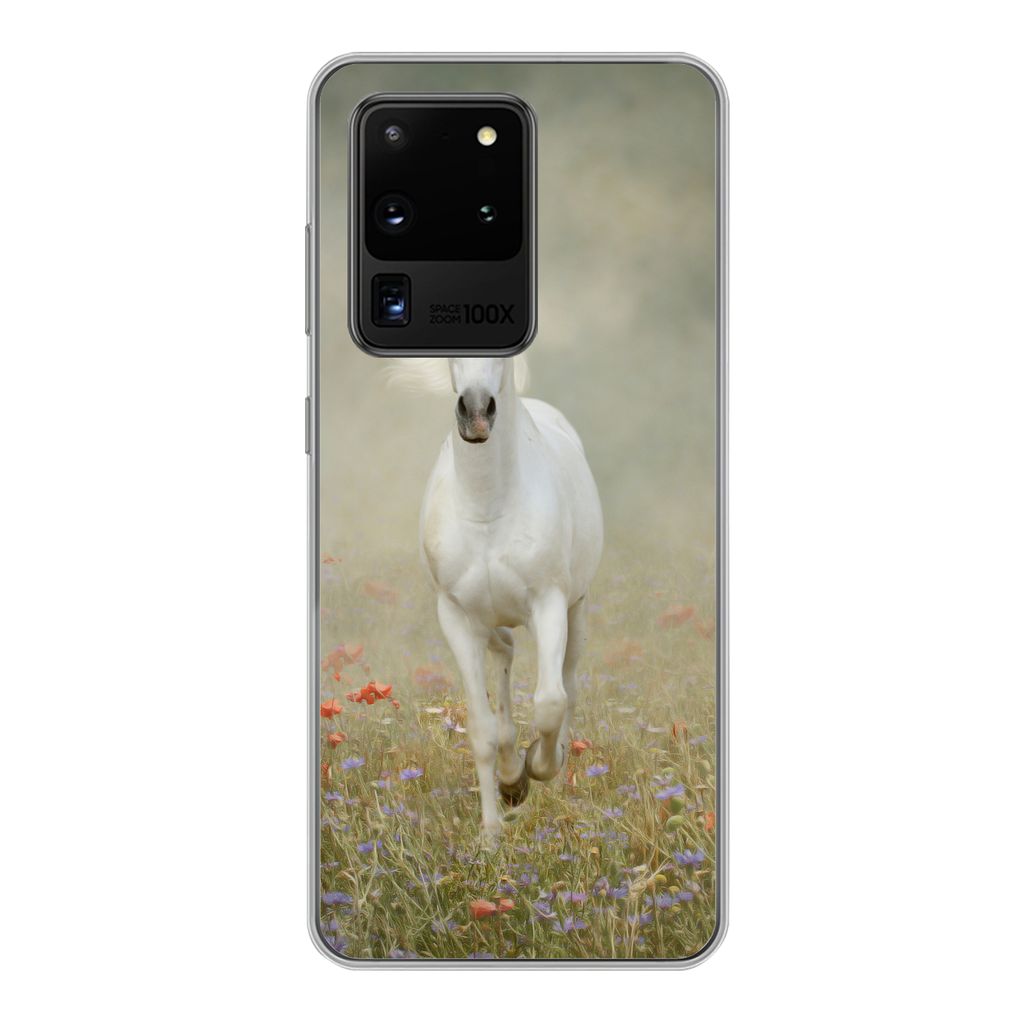 MuchoWow Handyhülle Schutzhülle Hülle für Samsung Galaxy S20 Ultra Pferd - Stoff - Blumen Silikon Softcase Handy Hülle - Karteninhaber