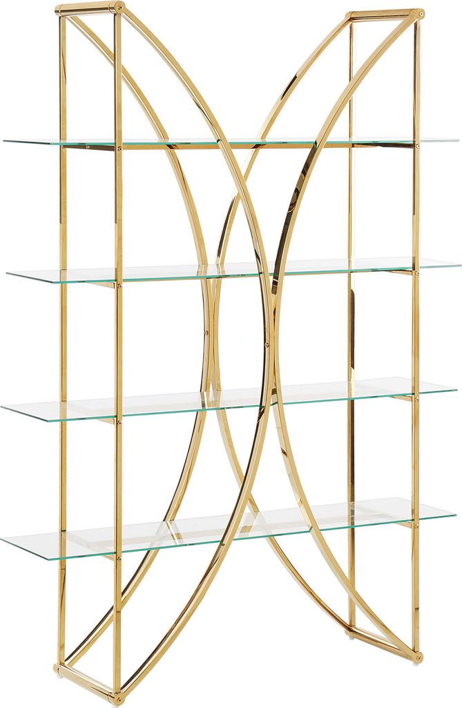 A gold metal bookshelf with clear glass shelves against a white background.