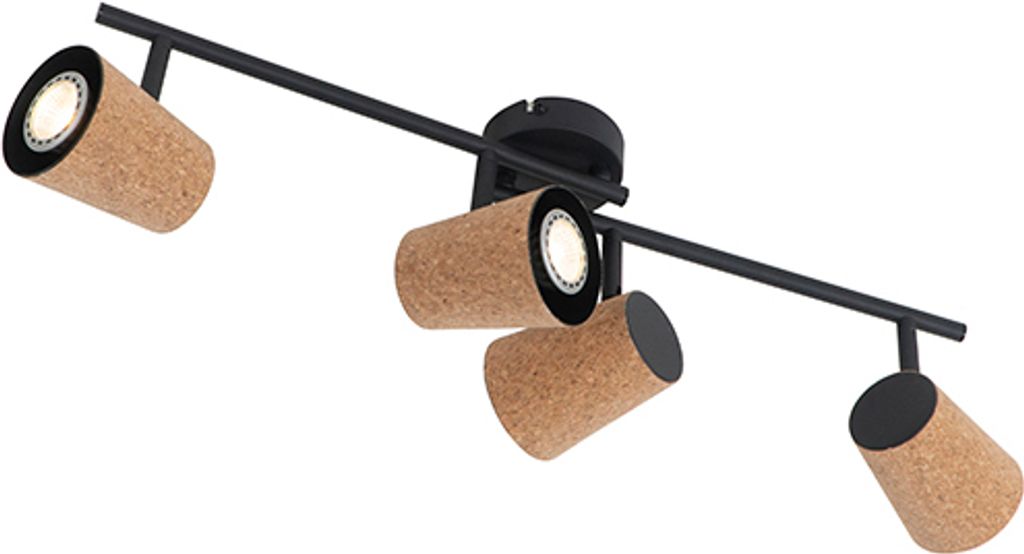 QAZQA - Landhaus I Vintage Deckenfleck schwarz mit Korkschirm 4-flammig Spotbalken-Licht verstellbar - Corky I Wohnzimmer I Schlafzimmer - Stahl L...