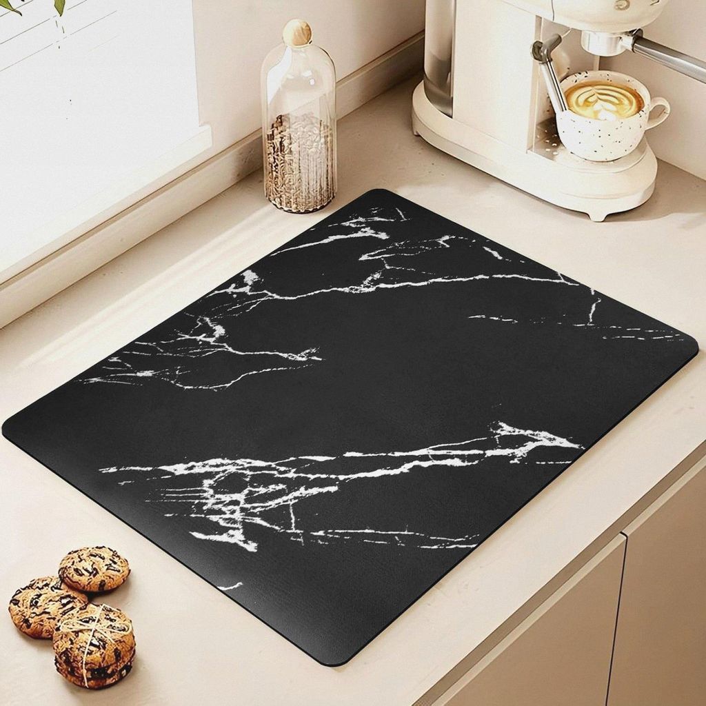 1 Stück Kaffeematte mit Versteckter Gummi-Rückseite, 50×40cm Unterlagen Rutschfest Marmoroptik Schwarz, Kaffeemaschinenmatte Geeignet für Gesch...