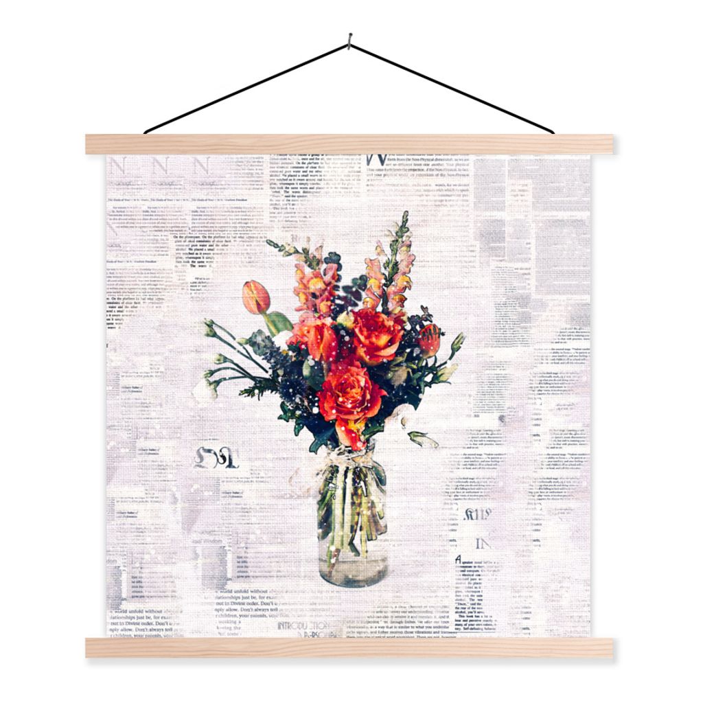 MuchoWow Textilposter Vase - Blumen - Zeitungspapier 60x60 cm mit holzfarbenen Rahmen - Wanddekoration