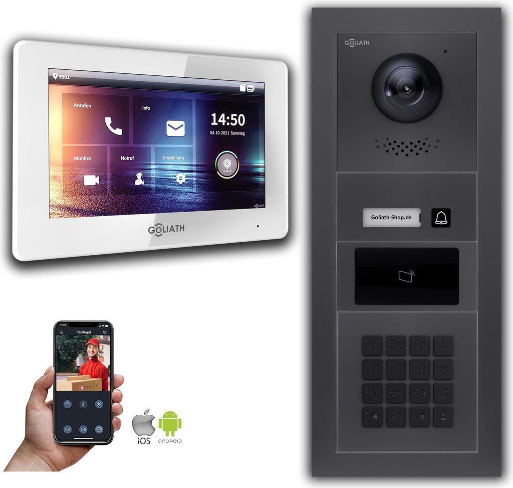 Türsprechanlage mit Kamera Goliath IP 2-Draht Zahlencode RFID Anthrazit : 7 Zoll in Weiß : Unterputzdose Monitor Auswahl: 7 Zoll in Weiß Türkli...