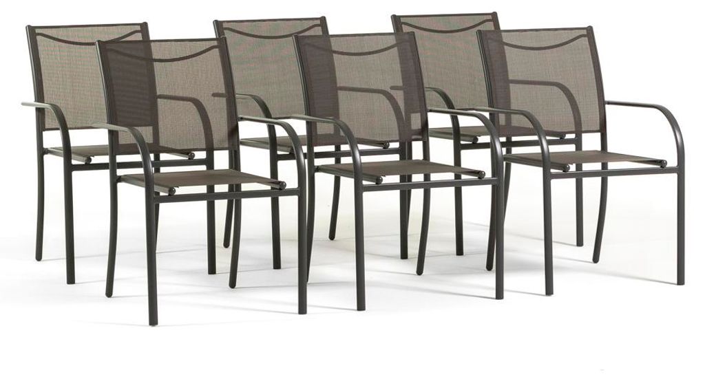6er Set stapelbare Gartenstühle mit Armlehnen aus Stahl und 2x1 Textilene für Terrasse, Balkon, Veranda, Bar und Restaurant, platzsparend und wet...